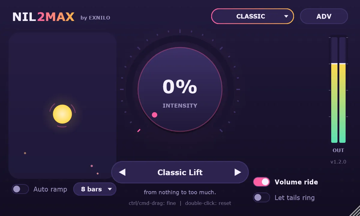 Nil2Max at 0% intensity: a calm, small glowing core and the knob at zero.